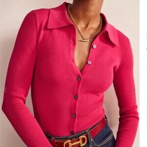 Boden Ribbed Knit Fitted Shirt Cardigan Long Sleeve Virtual Pink Medium